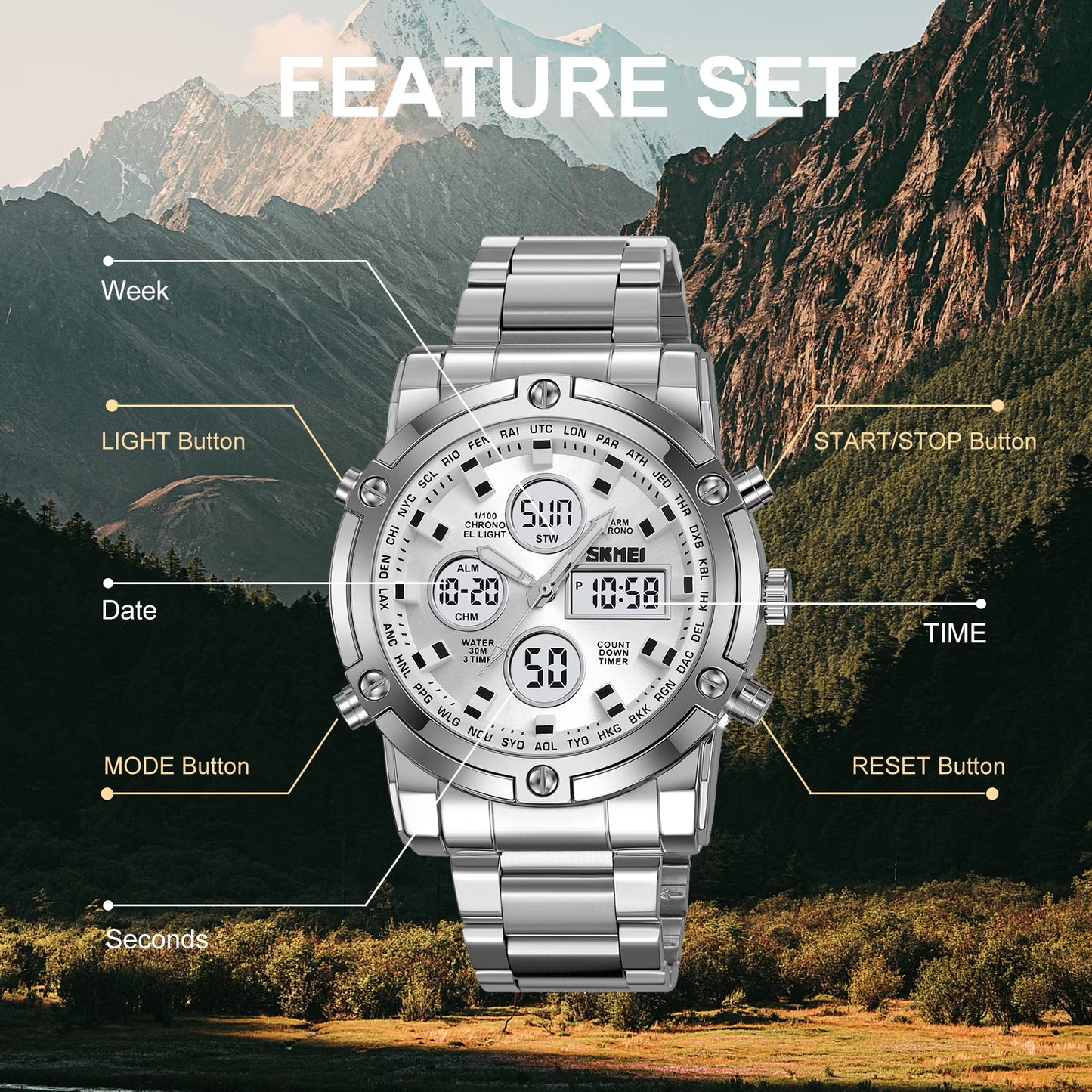 SKMEI Men’s Military Analog Digital Waterproof Quartz Watch with LED Chronograph