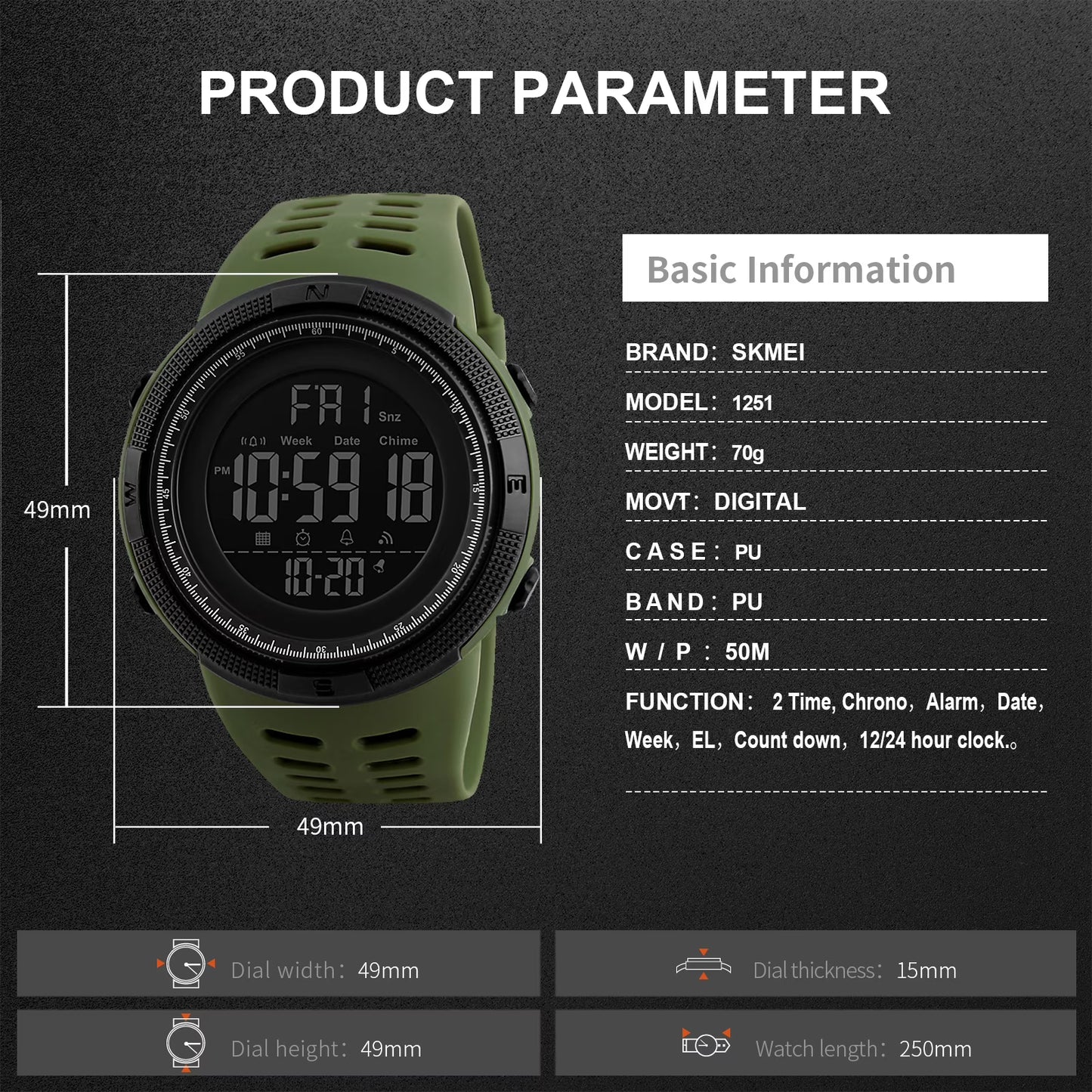 SKMEI Men’s Waterproof Digital Sport Watch with Alarm & Backlight (Army Green)