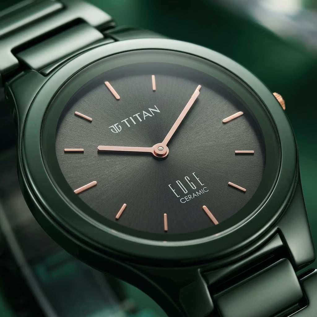 Titan Edge Ceramic Quartz Women’s Watch with Green Dial