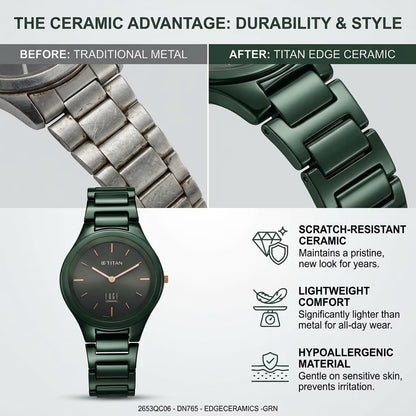 Titan Edge Ceramic Quartz Women’s Watch with Green Dial