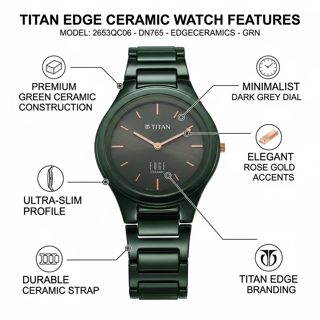 Titan Edge Ceramic Quartz Women’s Watch with Green Dial