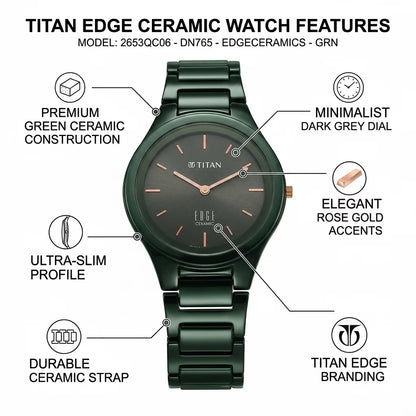 Titan Edge Ceramic Quartz Women’s Watch with Green Dial
