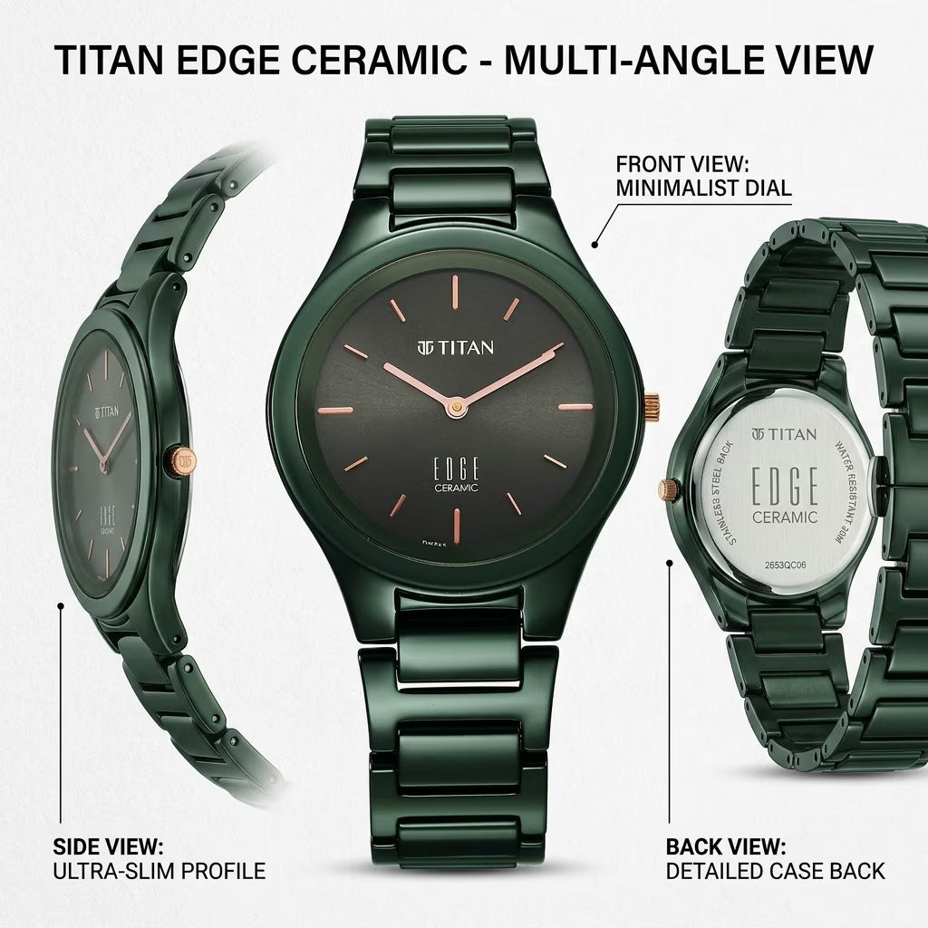 Titan Edge Ceramic Quartz Women’s Watch with Green Dial
