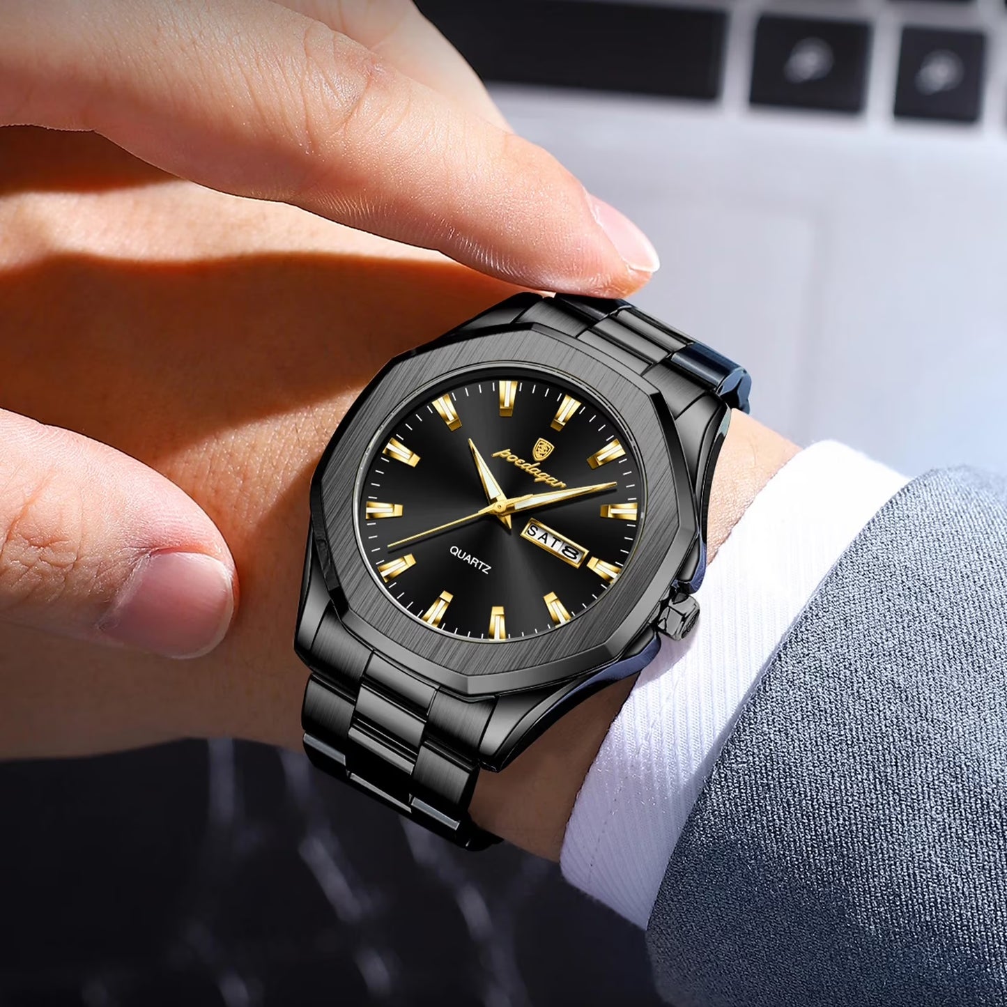 POEDAGAR Men’s Business Waterproof Quartz Watch with Date & Week Display