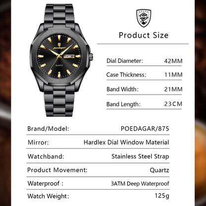 POEDAGAR Men’s Business Waterproof Quartz Watch with Date & Week Display